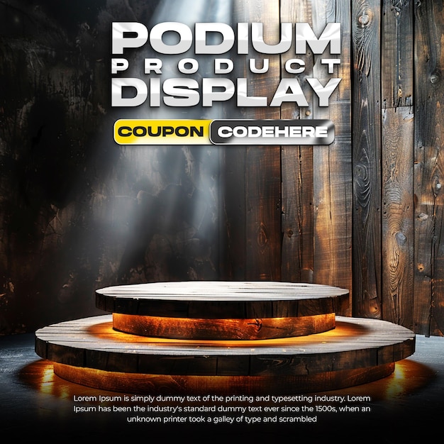 wooden podium product display with black color lighting effects background