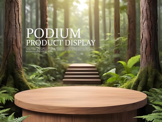 Wooden product display podium with blur nature jungle leaves green background