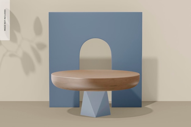 Wooden Round Base Podium Mockup, with Backdrop