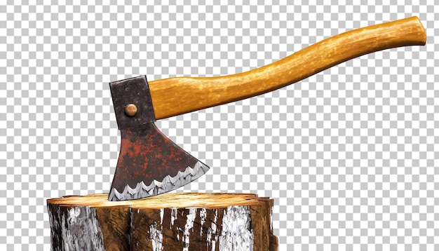 Wooden rusty axe Isolated on a transparent background