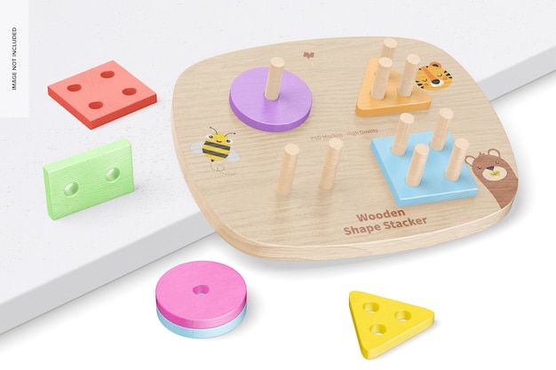 Wooden Shape Stacker Mockup, Leaned