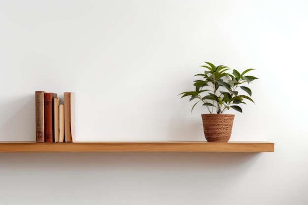 PSD wooden shelf on white wall with plants and books