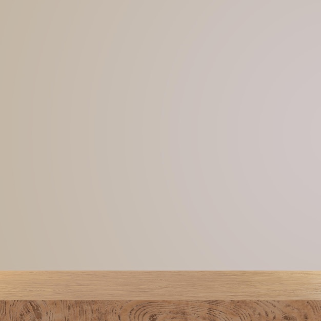 a wooden shelf with a gray background and a white wall behind it