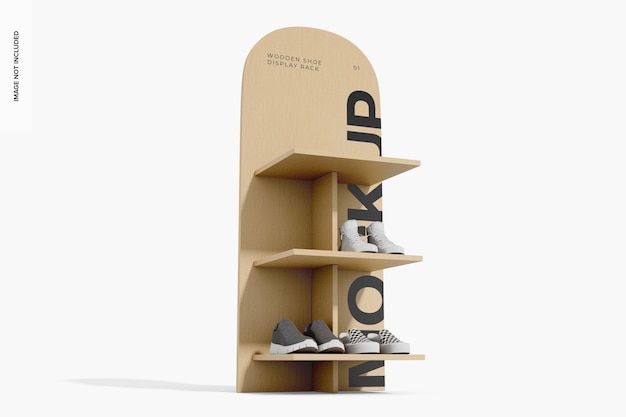 Wooden Shoes Display Rack Mockup, Low Angle View