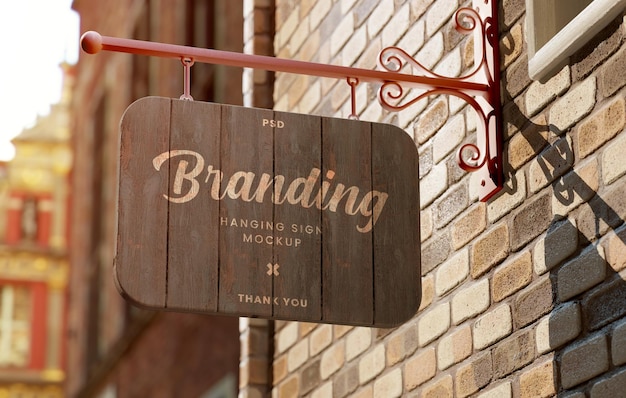 Wooden sign board mockup hanging on a store wall Outdoor business signage template in realistic 3D