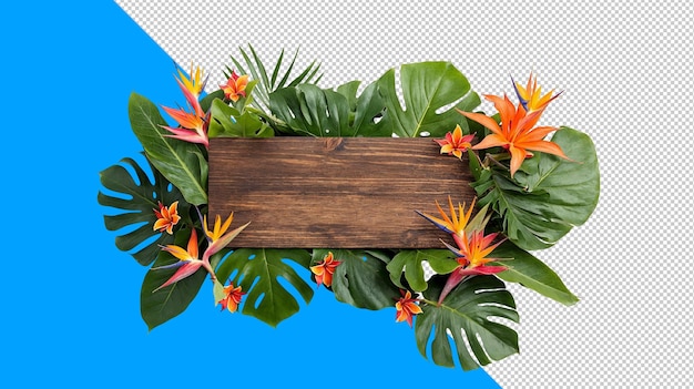 a wooden sign framed by tropical flowers empty space for text transparent background