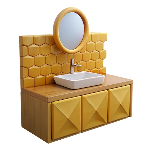 PSD a wooden sink with yellow tiles and a mirror on it