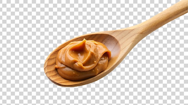 Wooden spoon of peanut butter isolated on transparent background