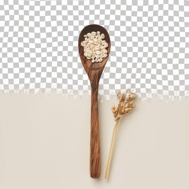 a wooden spoon with grains of wheat on it and a spoon with a wooden spoon in it