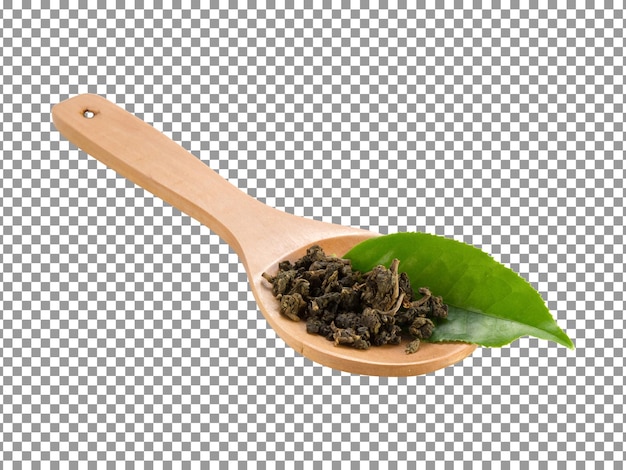 A wooden spoon with green tea leaf isolated on transparent background