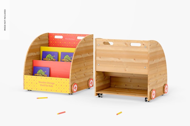 Wooden Storage Shelves for Kids Mockup, Front and Back View