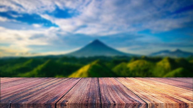 Wooden table for display products with mountain view