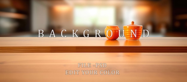 Wooden table top with blurred kitchen interior background