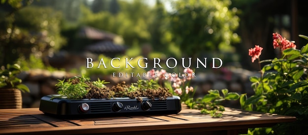 wooden table with BBQ grill in backyard garden blurred background