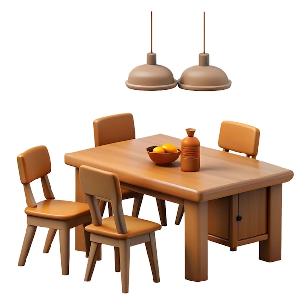 a wooden table with chairs and a bowl of fruit on it