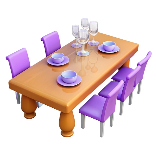 a wooden table with purple chairs and purple chairs and a table with plates and glasses