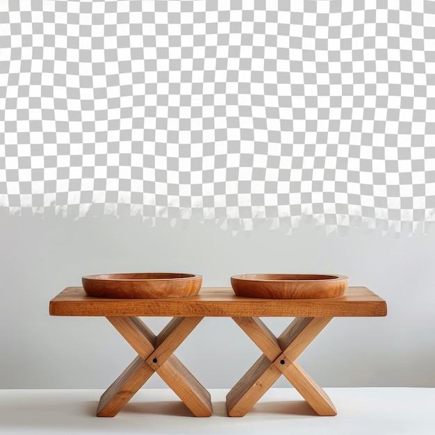 a wooden table with two bowls and two bowls on it