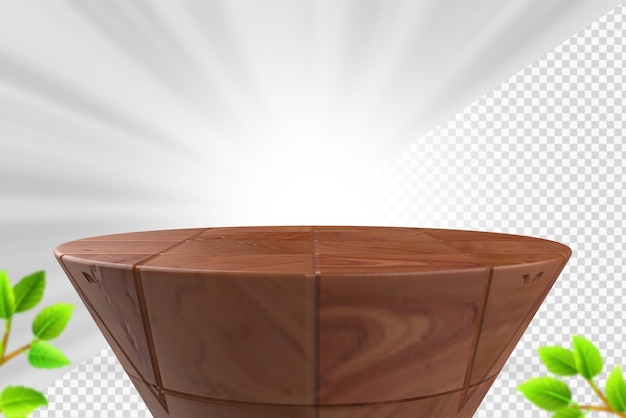 A wooden table with a white background and a green logo on it