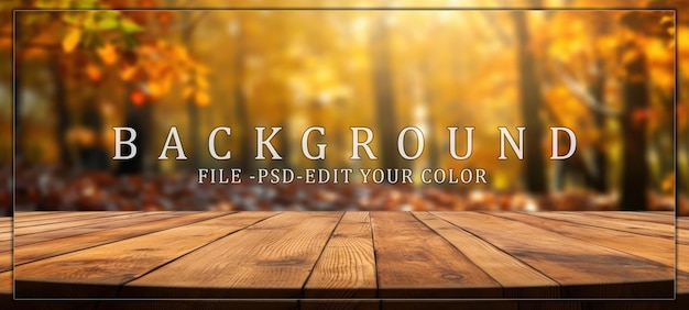 PSD wooden tabletop against a blurred autumn forest background