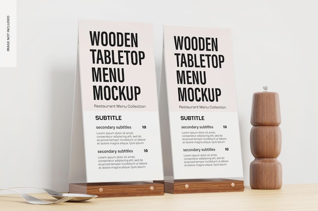 Wooden Tabletop Menus Mockup, Left View