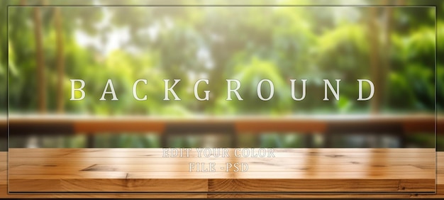 PSD wooden tabletop with blurred green garden background