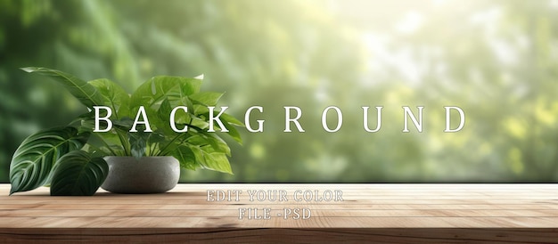 Wooden Tabletop with Green Plants Against a Blurred Background