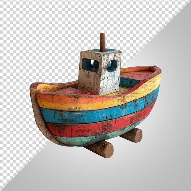 PSD a wooden toy boat with a blue face and a black nose