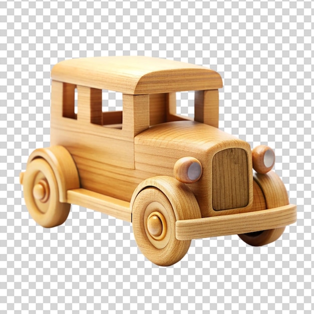 A wooden toy car with red wheels on transparent background