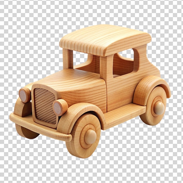 PSD a wooden toy car with red wheels on transparent background