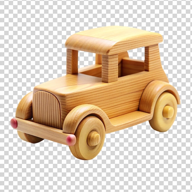 A wooden toy car with red wheels on transparent background