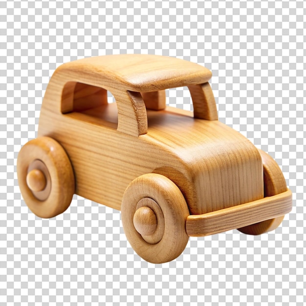 PSD a wooden toy car with red wheels on transparent background