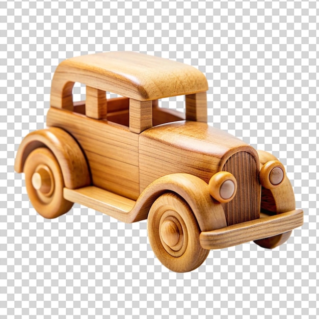 A wooden toy car with red wheels on transparent background