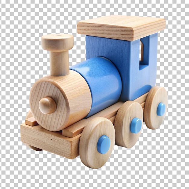 a wooden train with a blue wheel on transparent background