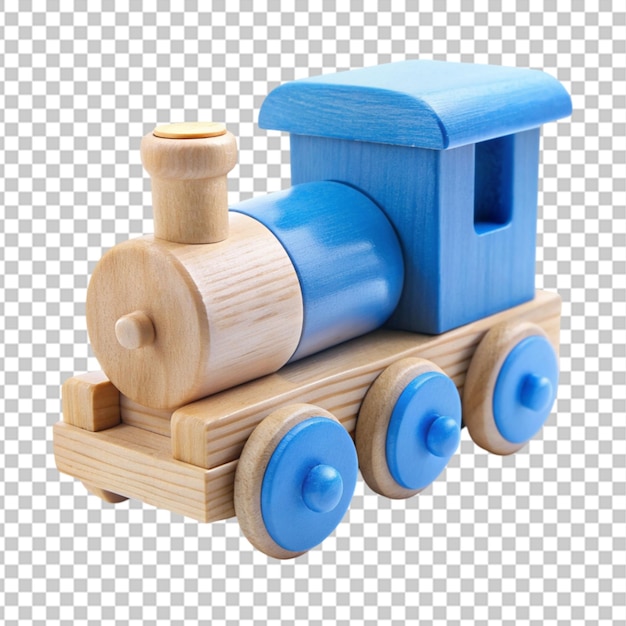 a wooden train with a blue wheel on transparent background