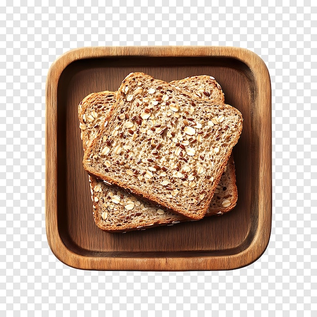 a wooden tray with two slices of bread on it