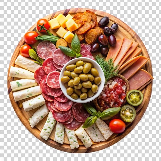 PSD a wooden tray with a variety of foods on it on transparent background