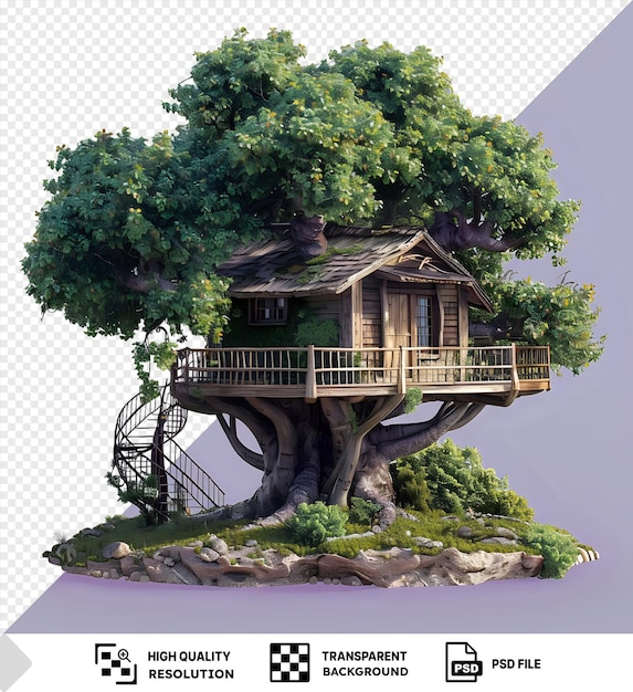 PSD a wooden treehouse built high in the branches of a tree with a purple background