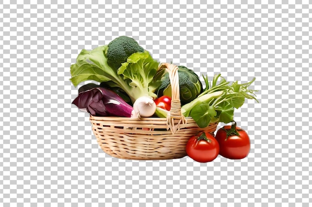 Wooden wicker basket with fruits on transparent background