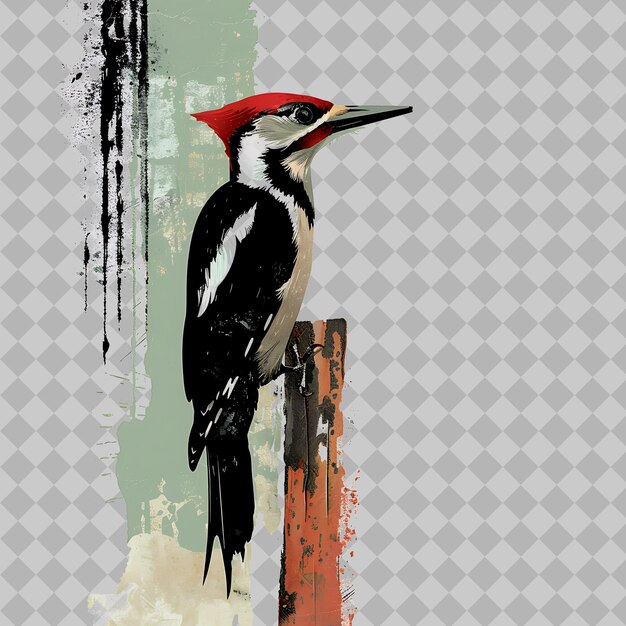 PSD woodpecker in a vertical zigzag silhouette forest landscap png watercolor animal designs