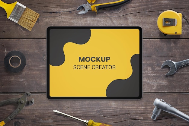 PSD woork space tools tablet mockup scene creator diy concept