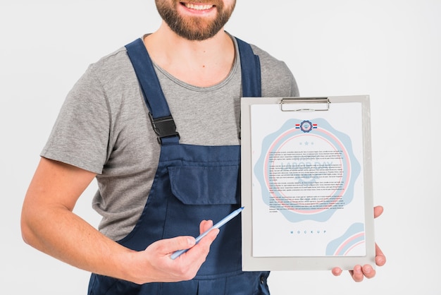 Worker holding clipboard mockup for labor day