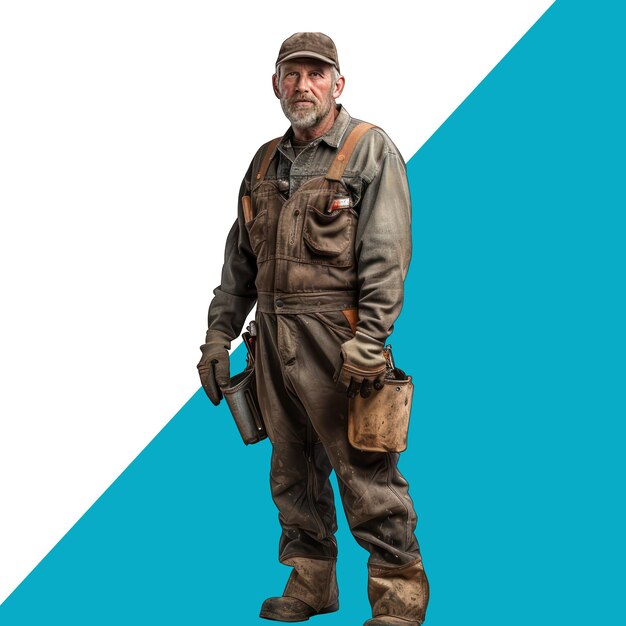 Worker in overalls with a tool belt on a white background