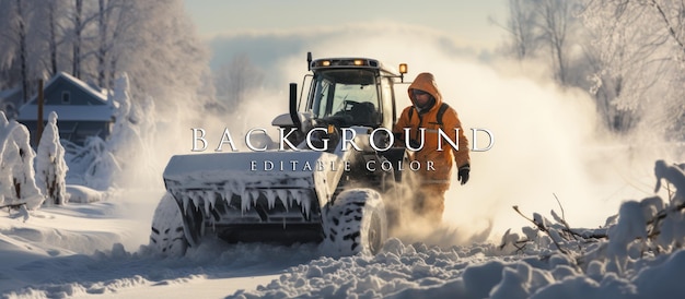 PSD a worker plows thick white snow with a snow blower during winter