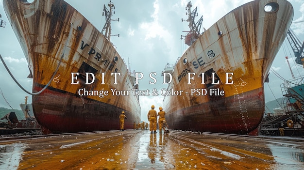 Workers Standing Between Two Ships in Drydock