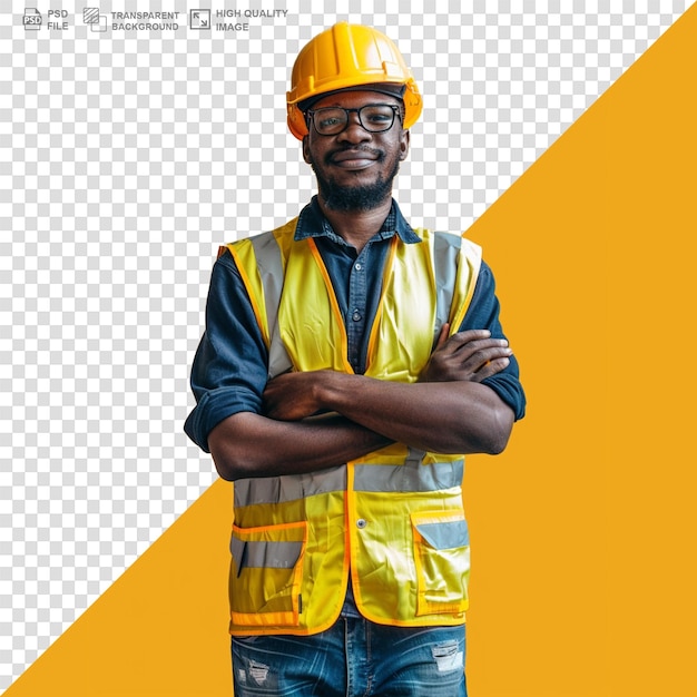 Workman with his arms crossed over white background