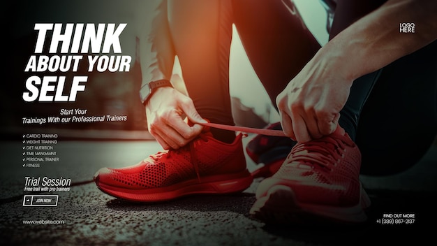 PSD workout sport banner template with close up of a sportswoman tying her shoes