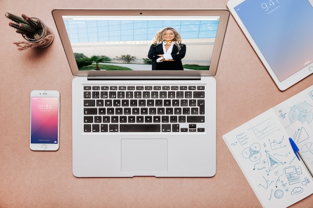 Workspace concept with laptop screen and devices