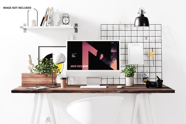 Workspace with a computer at home or in studio mockup