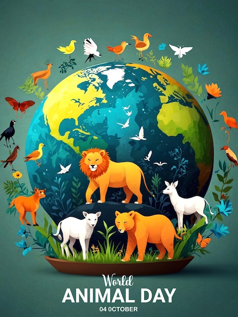 PSD world animal day social media post design with animals and globe