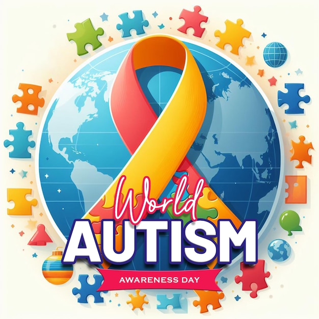 world autism awareness day flat and 3d illustration with a colorful ribbon and puzzle pieces